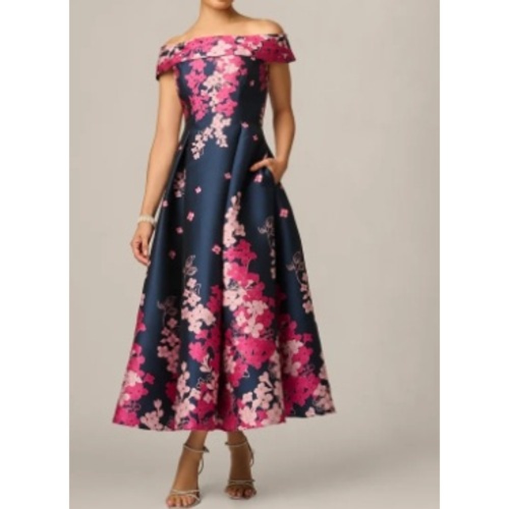 Adrianna Papell Floral Jacquard Off Shoulder Midi Dress Navy Pink 16 AP1E211223